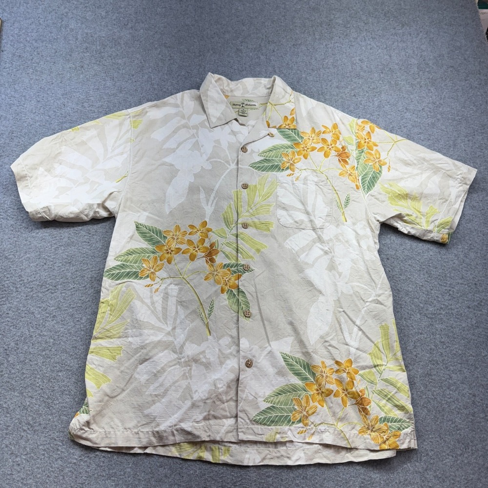 Tommy Bahama Silk Hawaiian Shirt M Gold Green Floral Aloha Camp Island Casual